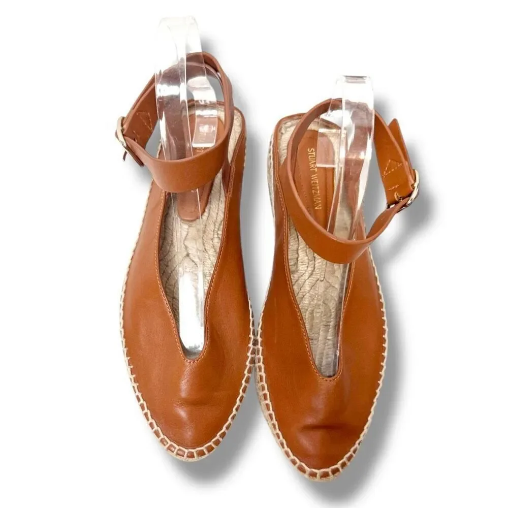 Stuart Weitzman Toga Cognac Brown Leather Ankle Wrap Espadrille Women’s Size 7 M